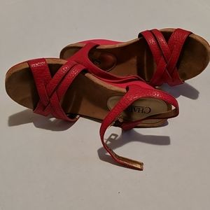 Red leather wed ge strappy sandals